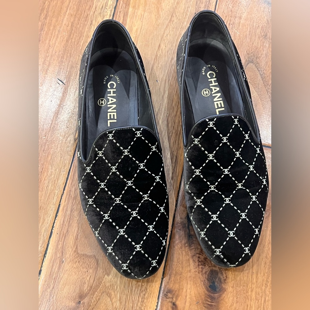 CHANEL chocolate brown Velvet  Slip-Ons with gold Accents
